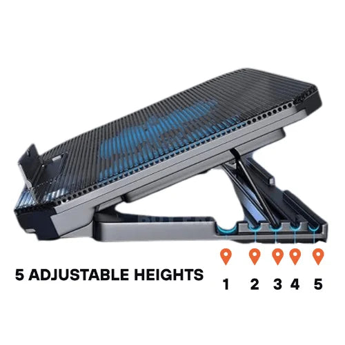 Adjustable laptop stand with blue accents on a white background
