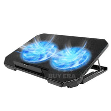 Black laptop cooling pad with blue LED lights on a white background