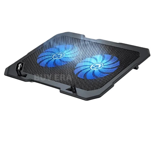 Black laptop cooling pad with blue LED fans on a white background