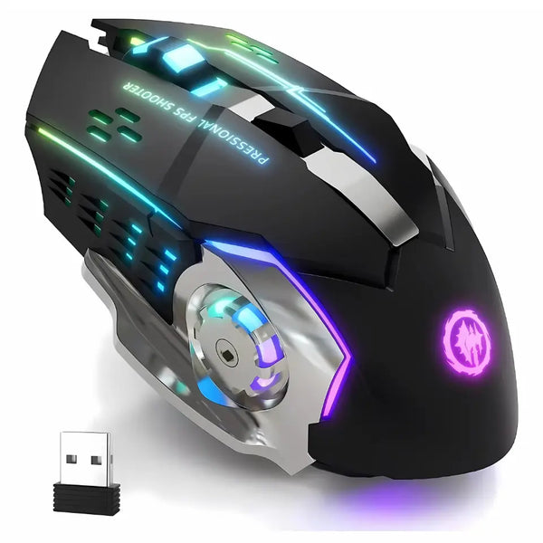 Gaming mouse with RGB lighting and USB receiver on a white background