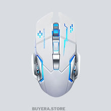 White gaming mouse with blue accents on a light gray background