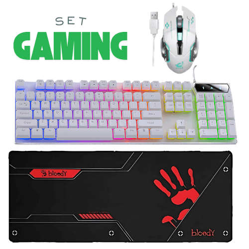 Gaming keyboard, mouse, and mouse pad set with colorful keys on a white background.