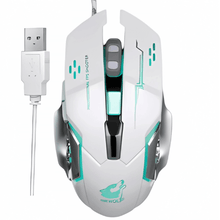 White gaming mouse with teal accents and USB cable on a white background