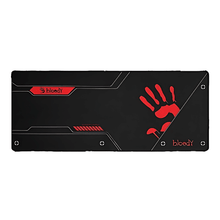 Gaming mouse pad with red hand design and 'bloody' branding on a black background