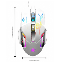 Gaming mouse with colorful LED lights and measurements on a white background