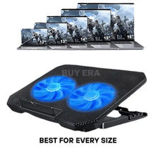 Laptop cooling pad with blue fans and size indicator graphics on a white background