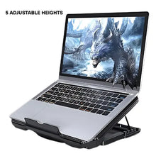 Laptop on an adjustable stand with a dragon graphic on the screen, labeled '5 Adjustable Heights'.