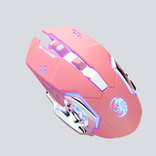 Pink gaming mouse with illuminated design on a light gray background