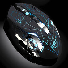 Gaming mouse with blue lighting on a black background