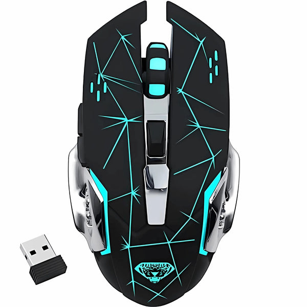 Black gaming mouse with blue lights and USB receiver on a white background