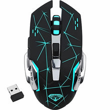 Black gaming mouse with blue lights and USB receiver on a white background