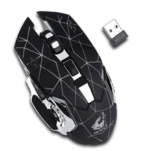 Black and silver gaming mouse with geometric design and USB receiver on a white background