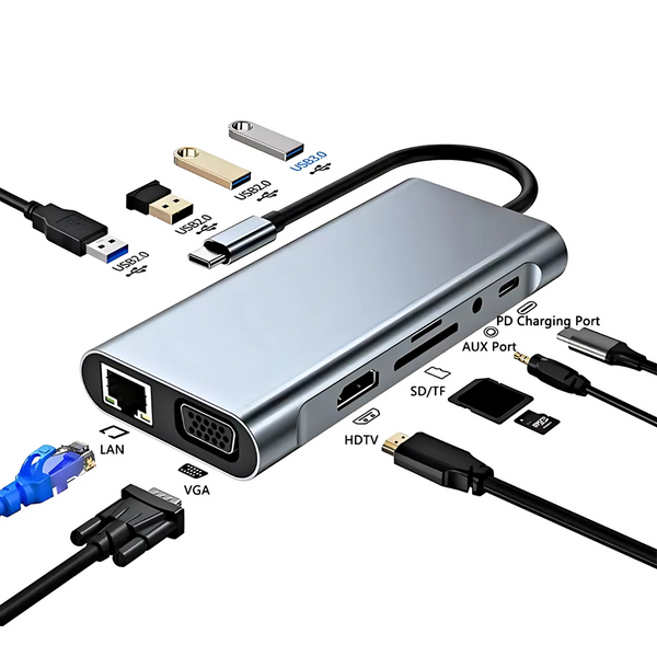 Type-C to HDTV 11-in-1 Hub – 4K HDMI, USB 3.0, Ethernet, SD/TF, Audio, VGA & Fast Charging