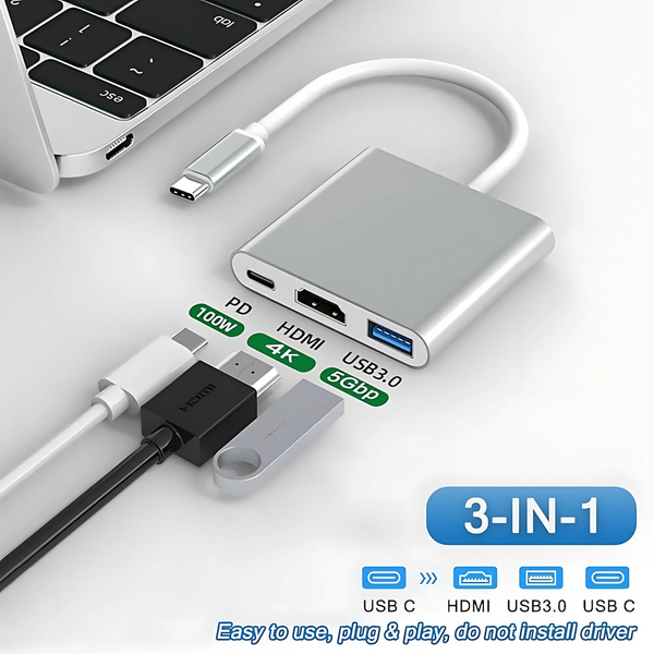 Type-C to HDMI 3-in-1 Adapter – 4K HDMI, USB 3.0, PD Fast Charging for Laptops & Smartphones