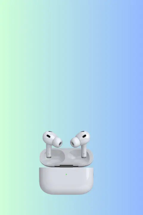 White wireless earbuds with charging case on a gradient background