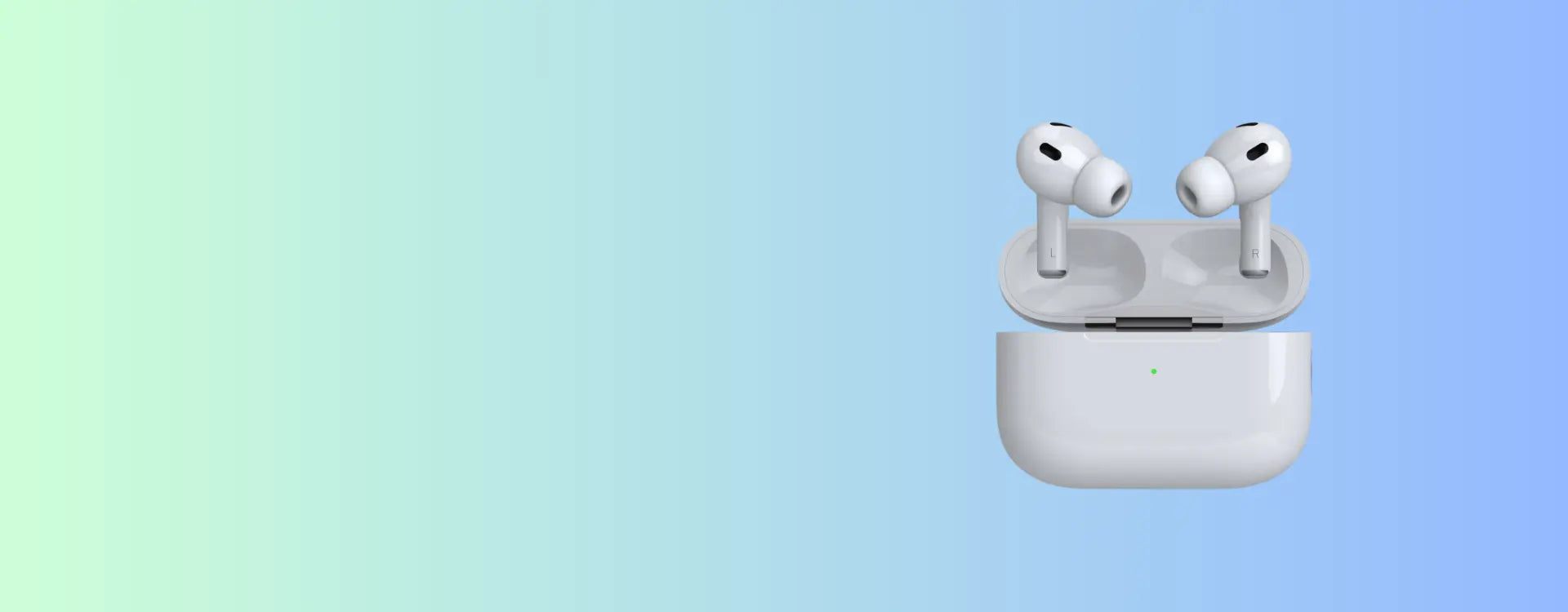 Wireless earbuds with charging case on a gradient blue background