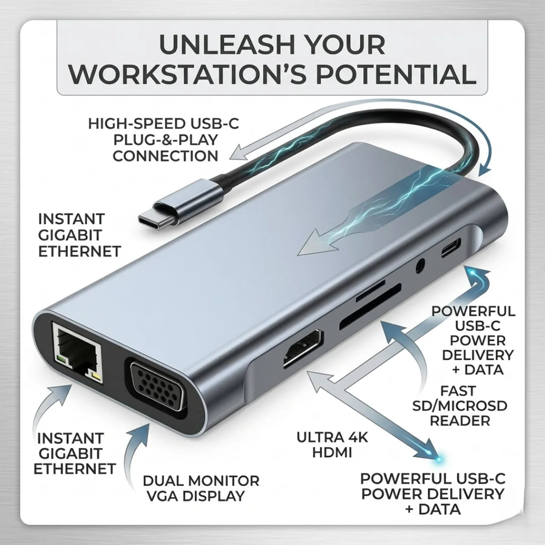 11-in-1 USB-C Hub Workstation - 4K HDMI, VGA, Gigabit Ethernet & PD Charging