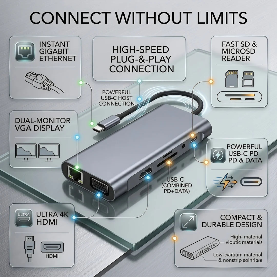 11-in-1 USB-C Hub Workstation - 4K HDMI, VGA, Gigabit Ethernet & PD Charging