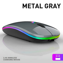 Metallic gray wireless mouse with RGB lighting on a white background
