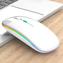 White computer mouse with rainbow LED lights on a wooden desk