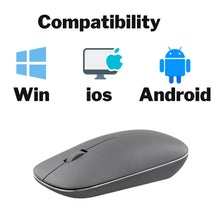 Gray wireless mouse with compatibility icons for Windows, iOS, and Android on a white background.