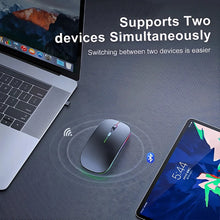 Laptop, mouse, and smartphone on a dark surface with text about device support.