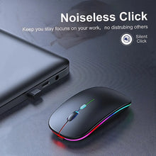 Black wireless mouse with colorful lighting next to a laptop on a dark surface, emphasizing 'Noiseless Click' feature.