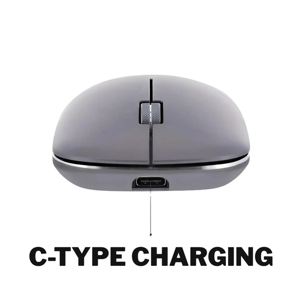 Gray computer mouse with C-type charging feature on a white background
